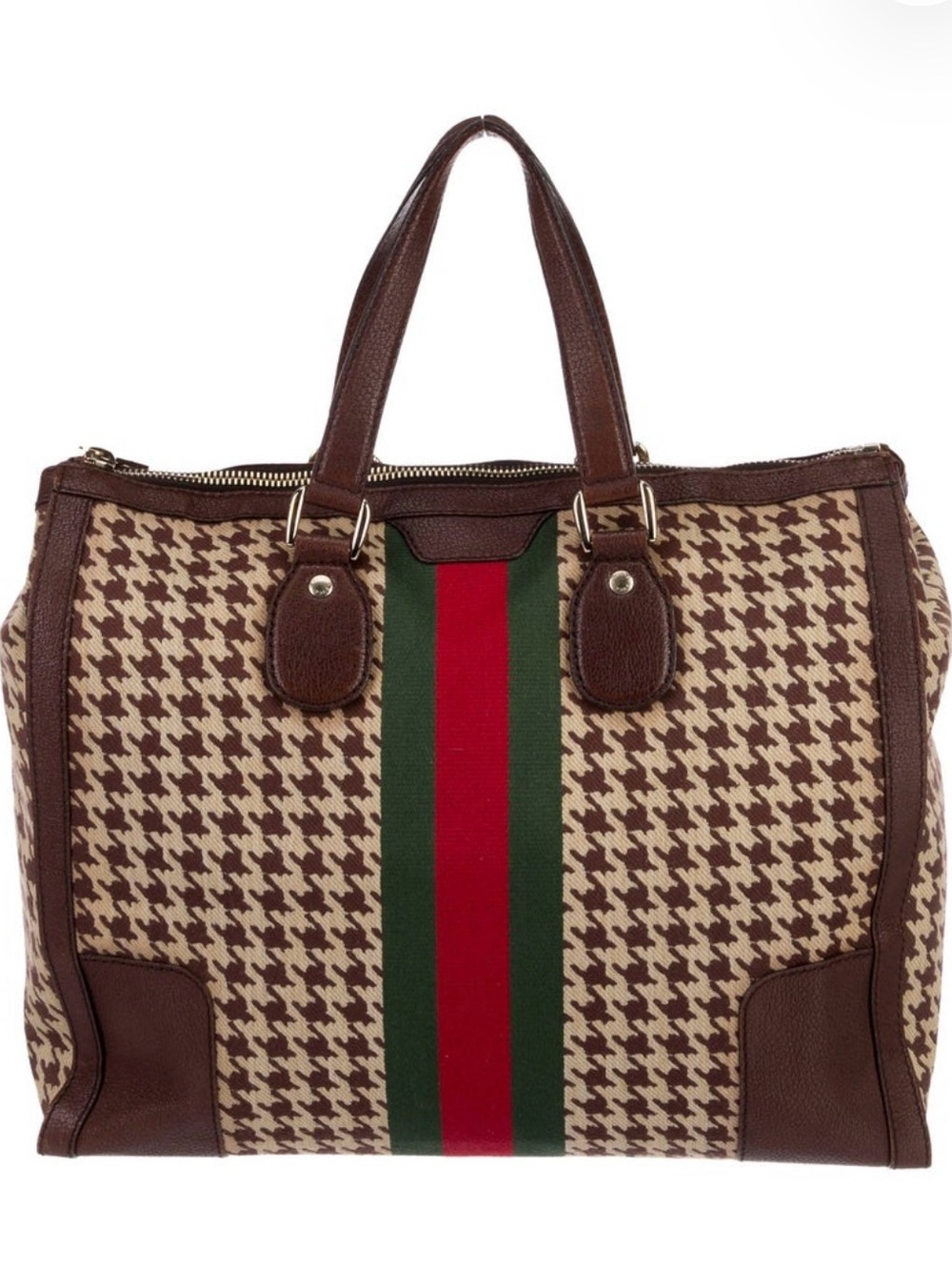 Brown Houndstooth Tote Bag with Red & Green Stripe